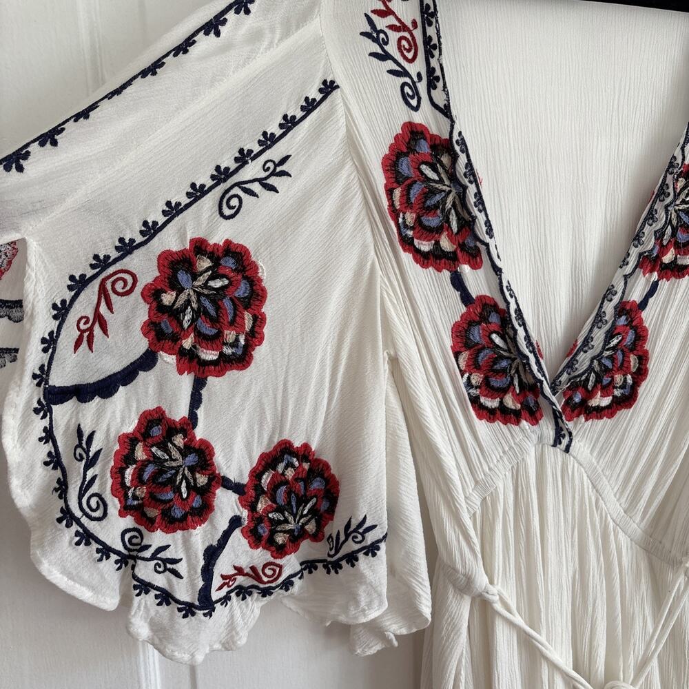 Free People Cora Embroidered Floral Gauze V-Neck Boho Dress Hippie Flutter| M